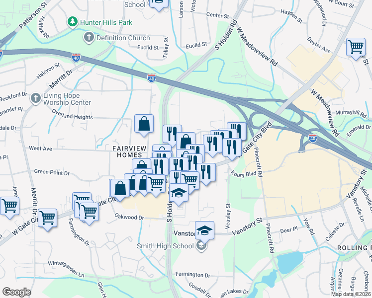 map of restaurants, bars, coffee shops, grocery stores, and more near 2023 Cedar Fork Road in Greensboro