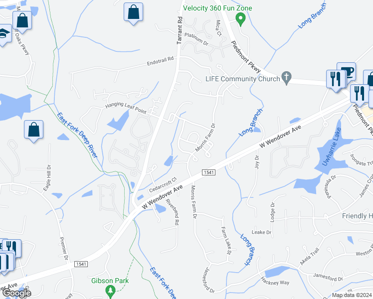 map of restaurants, bars, coffee shops, grocery stores, and more near 3606 Rising River Lane in Greensboro