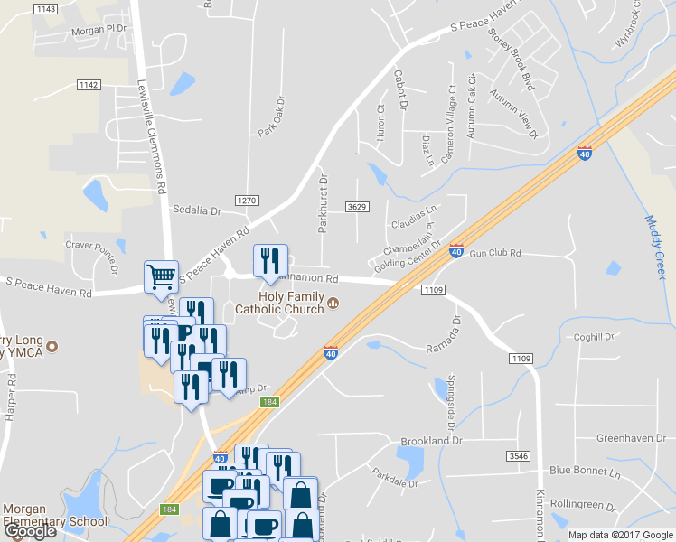 map of restaurants, bars, coffee shops, grocery stores, and more near 4819 Kinnamon Road in Winston-Salem