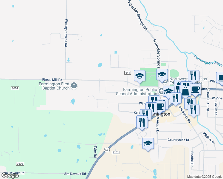 map of restaurants, bars, coffee shops, grocery stores, and more near 415 Rheas Mill Road in Farmington