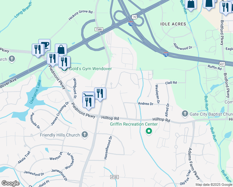 map of restaurants, bars, coffee shops, grocery stores, and more near 2018 Shimer Drive in Jamestown