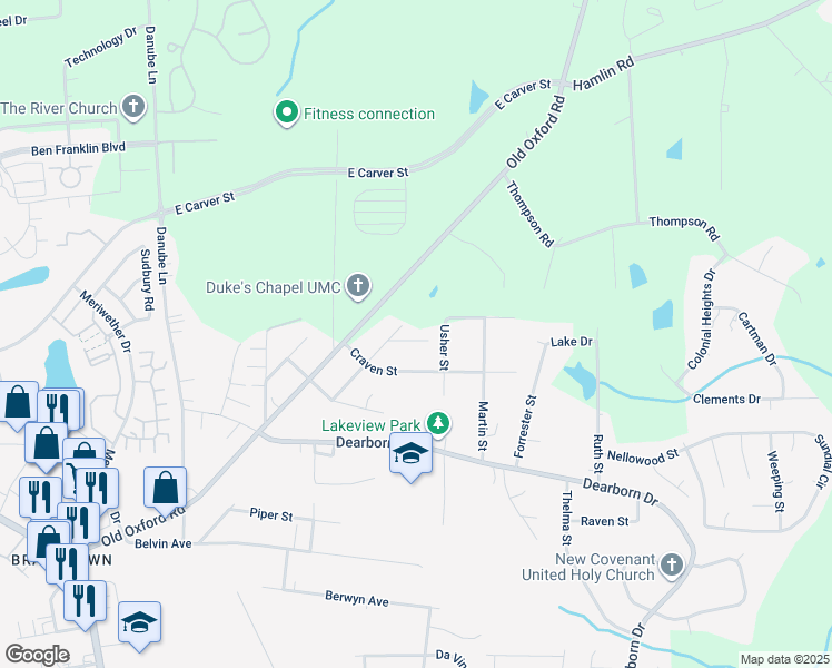 map of restaurants, bars, coffee shops, grocery stores, and more near 409 Pineland Avenue in Durham