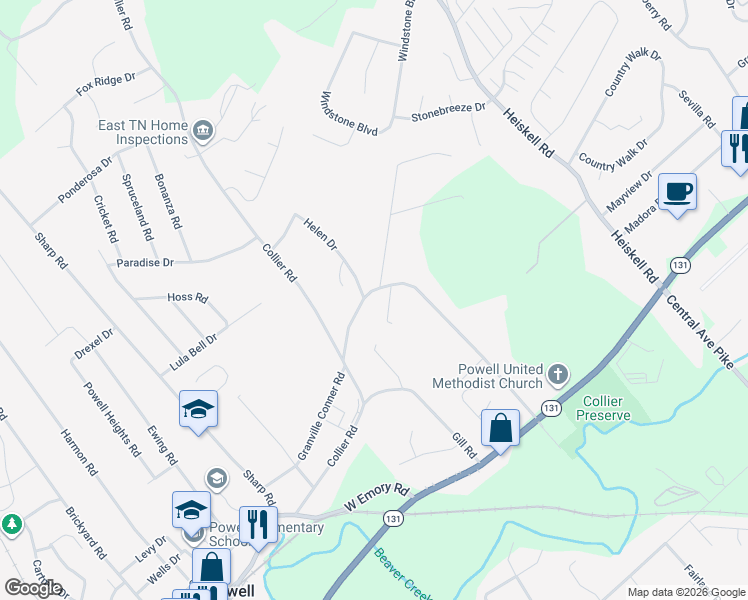map of restaurants, bars, coffee shops, grocery stores, and more near 901 Granville Conner Road in Powell