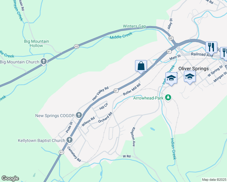 map of restaurants, bars, coffee shops, grocery stores, and more near 636 Tennessee 61 in Oliver Springs