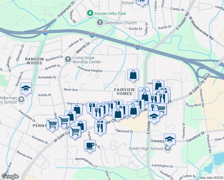 map of restaurants, bars, coffee shops, grocery stores, and more near in Greensboro