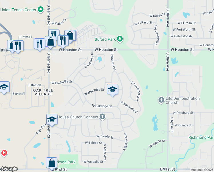 map of restaurants, bars, coffee shops, grocery stores, and more near 1107 South Yellowood Place in Broken Arrow