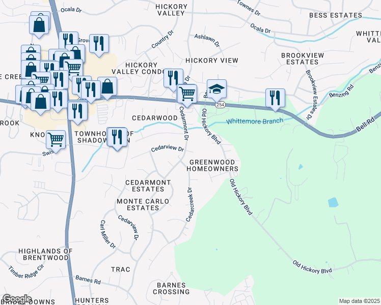 map of restaurants, bars, coffee shops, grocery stores, and more near 301 Cedarview Drive in Nashville