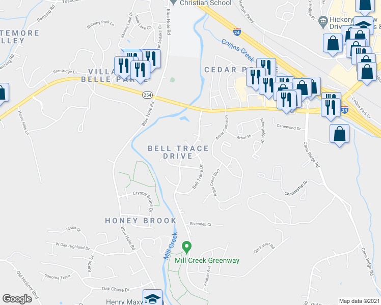 map of restaurants, bars, coffee shops, grocery stores, and more near 1533 Bell Trace Drive in Nashville