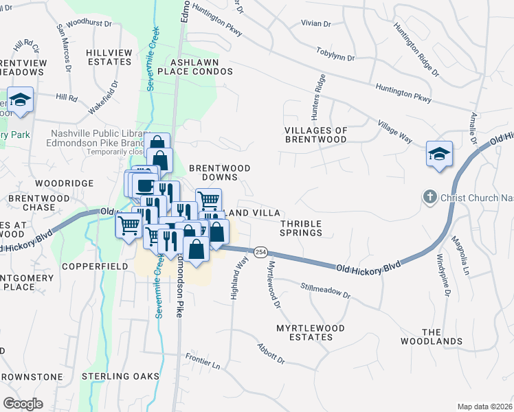 map of restaurants, bars, coffee shops, grocery stores, and more near 240 Highland Villa Circle in Nashville