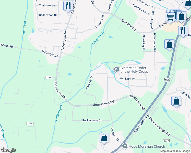 map of restaurants, bars, coffee shops, grocery stores, and more near Caraway Lane in Winston-Salem