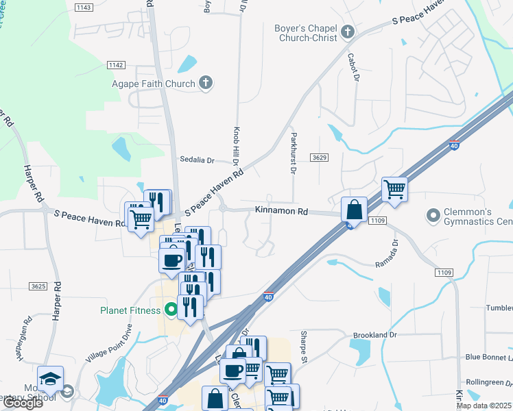 map of restaurants, bars, coffee shops, grocery stores, and more near 4930 Terrence Drive in Winston-Salem