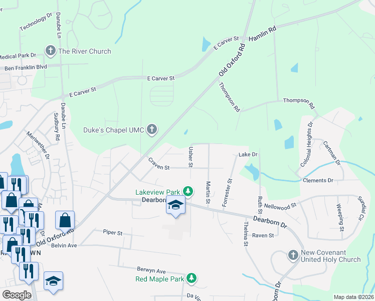 map of restaurants, bars, coffee shops, grocery stores, and more near 901 Usher Street in Durham