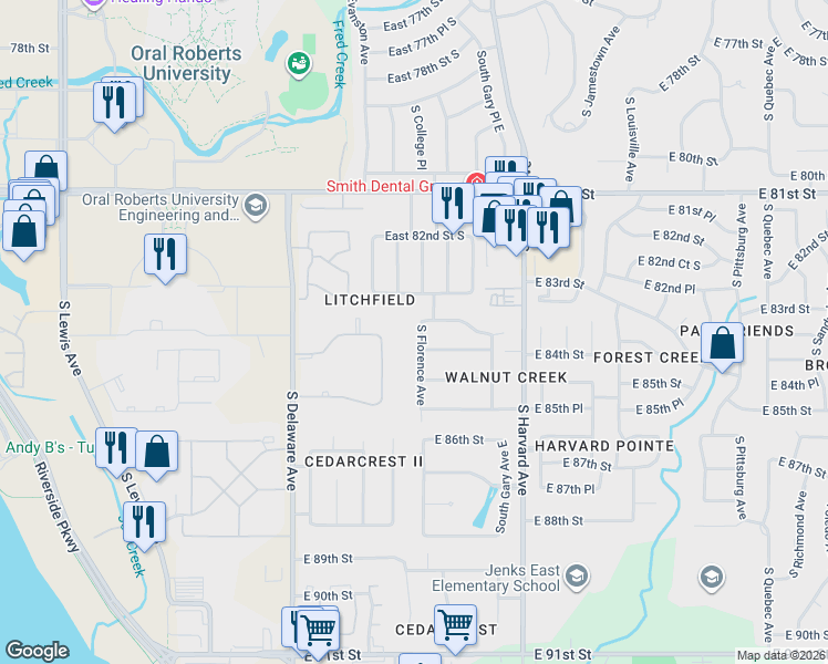 map of restaurants, bars, coffee shops, grocery stores, and more near 8410 South Florence Avenue in Tulsa