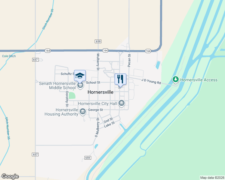 map of restaurants, bars, coffee shops, grocery stores, and more near 500 North Prairie Street in Hornersville