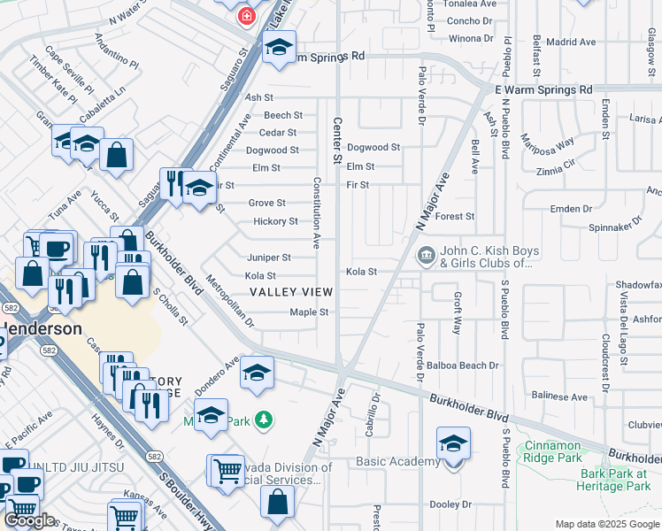 map of restaurants, bars, coffee shops, grocery stores, and more near 821 Center Street in Henderson