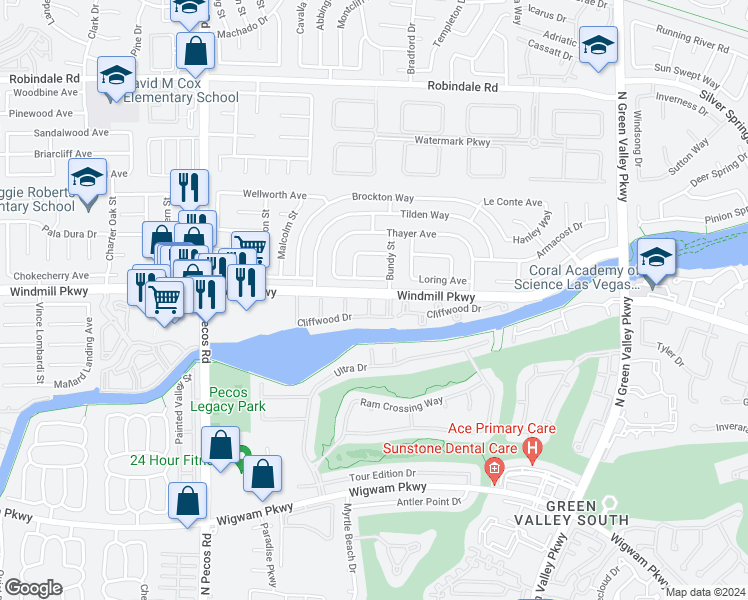 map of restaurants, bars, coffee shops, grocery stores, and more near 198 Chadwell Court in Henderson