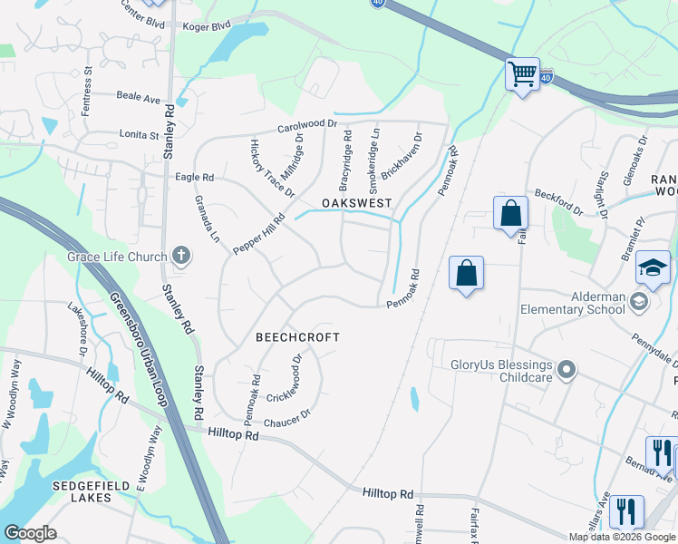 map of restaurants, bars, coffee shops, grocery stores, and more near 4503 Beechcroft Drive in Greensboro