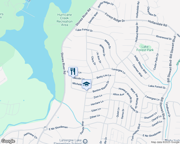 map of restaurants, bars, coffee shops, grocery stores, and more near 928 Lavergne Lane in La Vergne