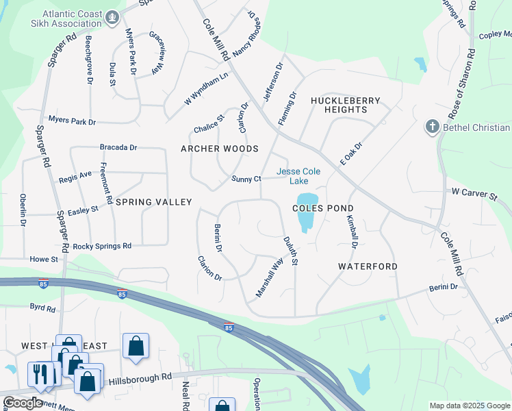 map of restaurants, bars, coffee shops, grocery stores, and more near 4812 Berini Drive in Durham