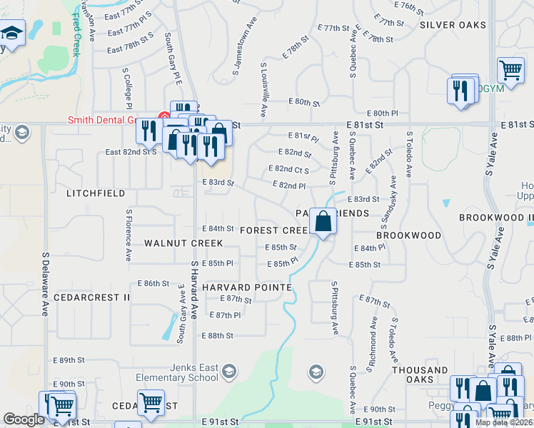 map of restaurants, bars, coffee shops, grocery stores, and more near 3713 E 84th St in Tulsa