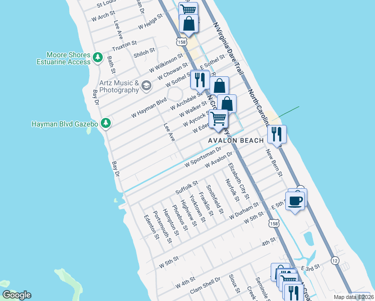 map of restaurants, bars, coffee shops, grocery stores, and more near 329 West Palmetto Street in Kill Devil Hills