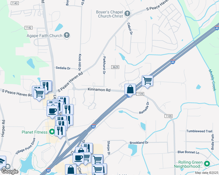 map of restaurants, bars, coffee shops, grocery stores, and more near 4819 Kinnamon Road in Winston-Salem