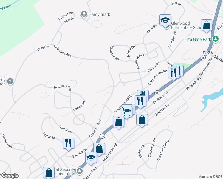 map of restaurants, bars, coffee shops, grocery stores, and more near 131 California Ave in Oak Ridge