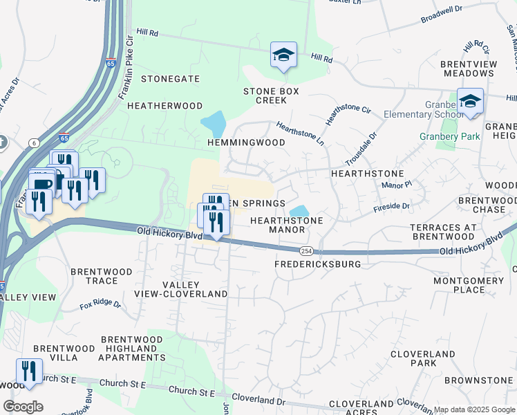 map of restaurants, bars, coffee shops, grocery stores, and more near 323 Seven Springs Way in Brentwood