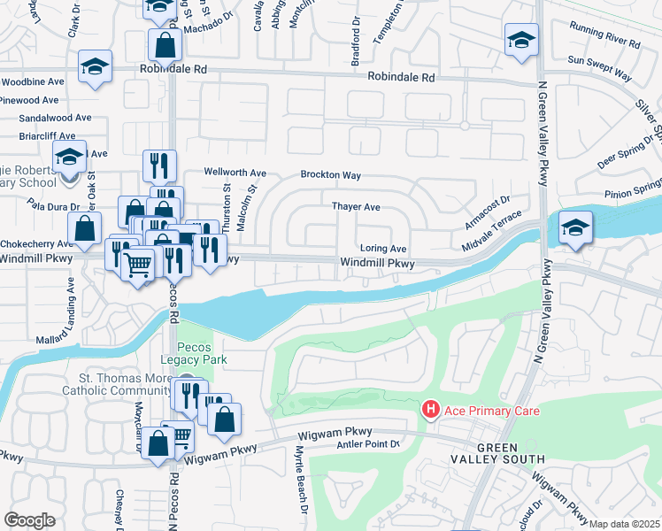 map of restaurants, bars, coffee shops, grocery stores, and more near 2325 Windmill Parkway in Henderson