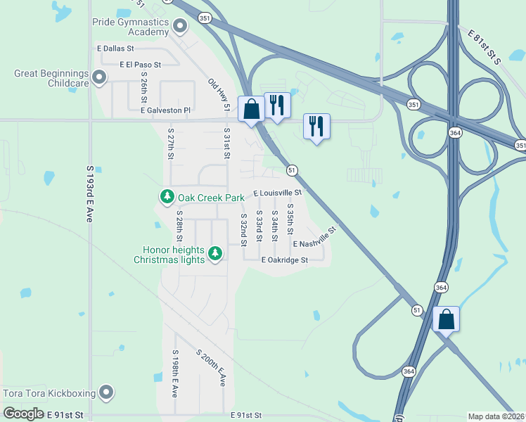 map of restaurants, bars, coffee shops, grocery stores, and more near 1117 South 33rd Street in Broken Arrow