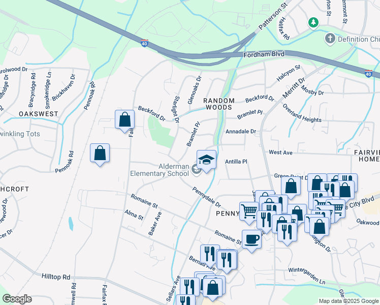 map of restaurants, bars, coffee shops, grocery stores, and more near 4315 Bramlet Place in Greensboro
