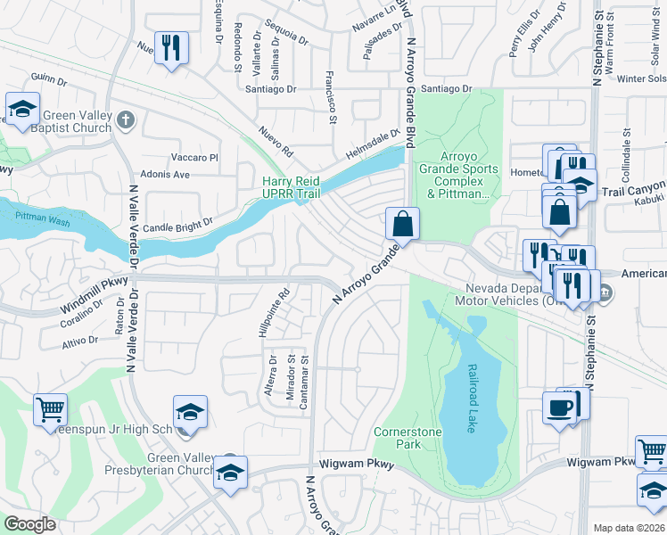 map of restaurants, bars, coffee shops, grocery stores, and more near 1725 Buttermilk Drive in Henderson