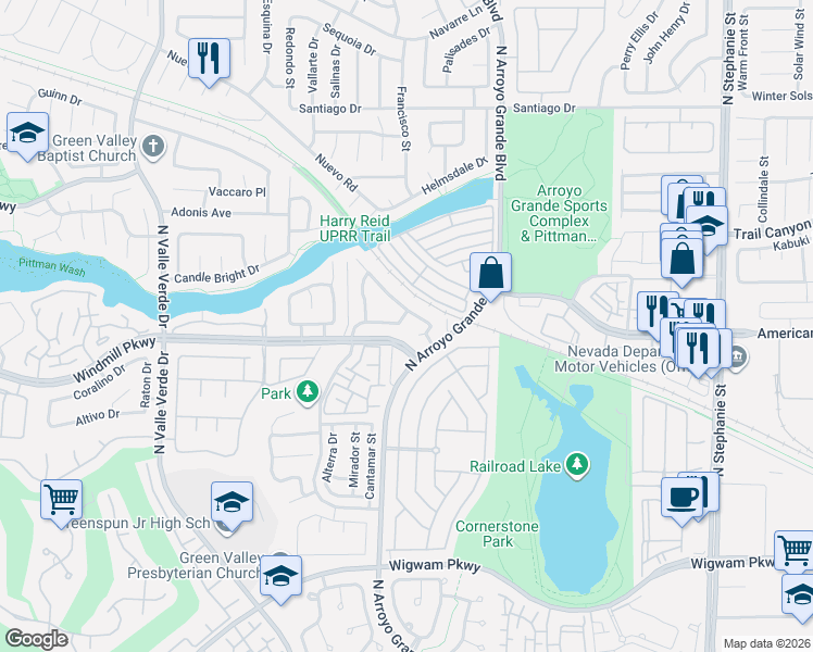 map of restaurants, bars, coffee shops, grocery stores, and more near 1725 Buttermilk Drive in Henderson