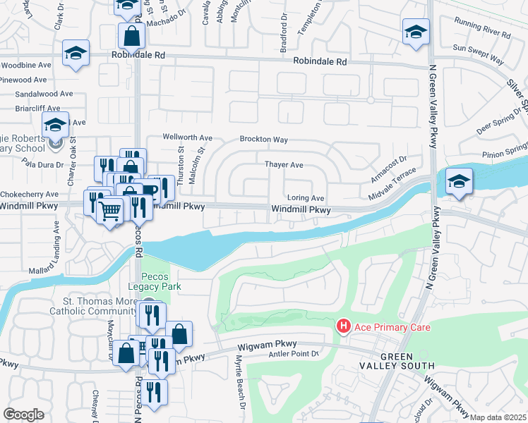 map of restaurants, bars, coffee shops, grocery stores, and more near 2325 Windmill Parkway in Henderson