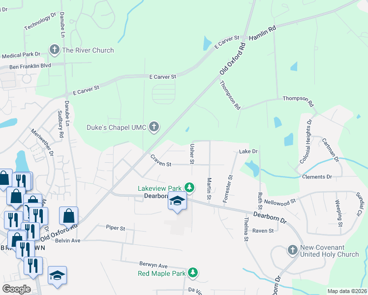 map of restaurants, bars, coffee shops, grocery stores, and more near 901 Usher Street in Durham