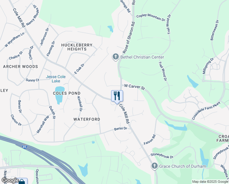 map of restaurants, bars, coffee shops, grocery stores, and more near 601 Culpepper Court in Durham
