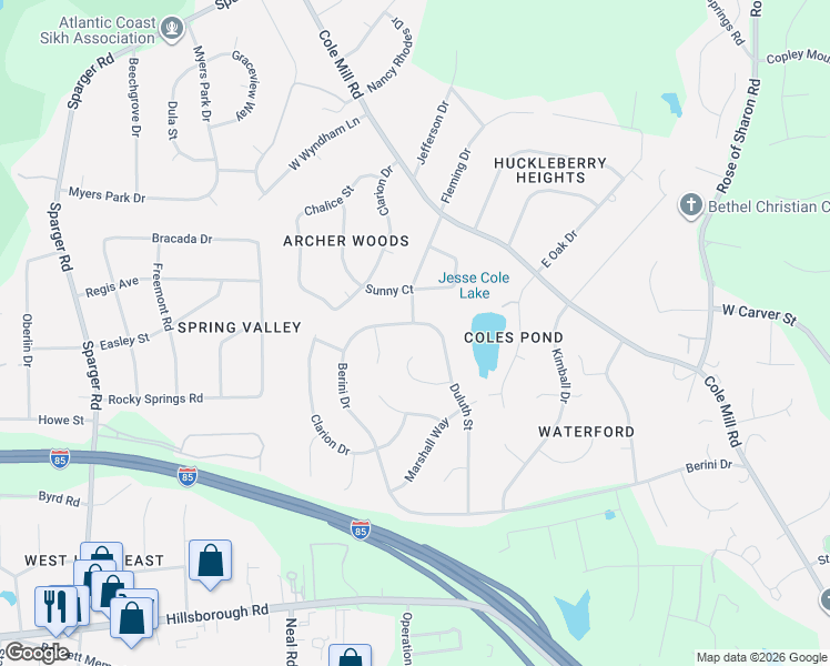 map of restaurants, bars, coffee shops, grocery stores, and more near 4812 Berini Drive in Durham