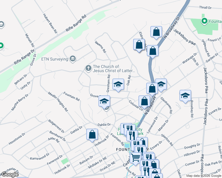 map of restaurants, bars, coffee shops, grocery stores, and more near 701 Gresham Road in Knoxville