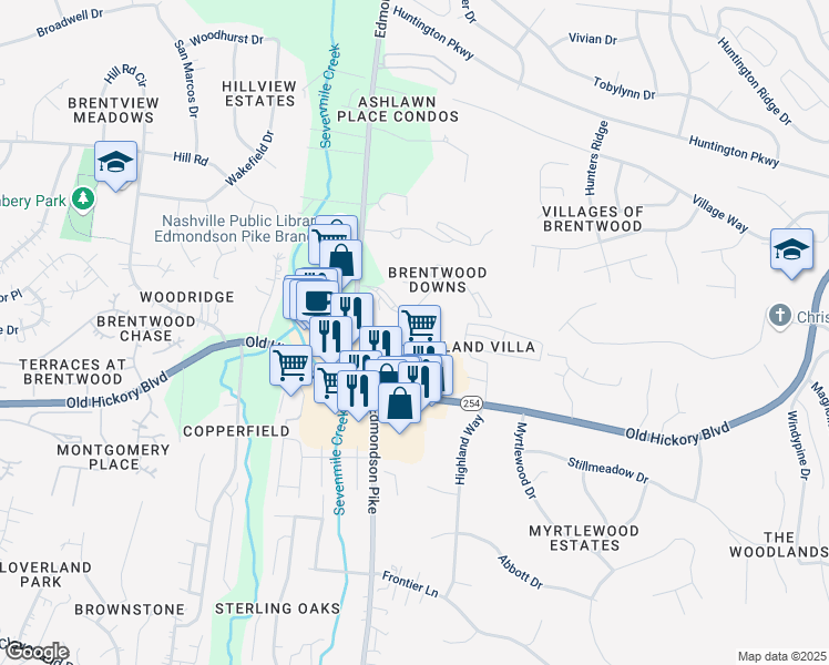 map of restaurants, bars, coffee shops, grocery stores, and more near 122 Brentwood Square in Nashville