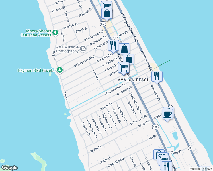 map of restaurants, bars, coffee shops, grocery stores, and more near 329 West Palmetto Street in Kill Devil Hills