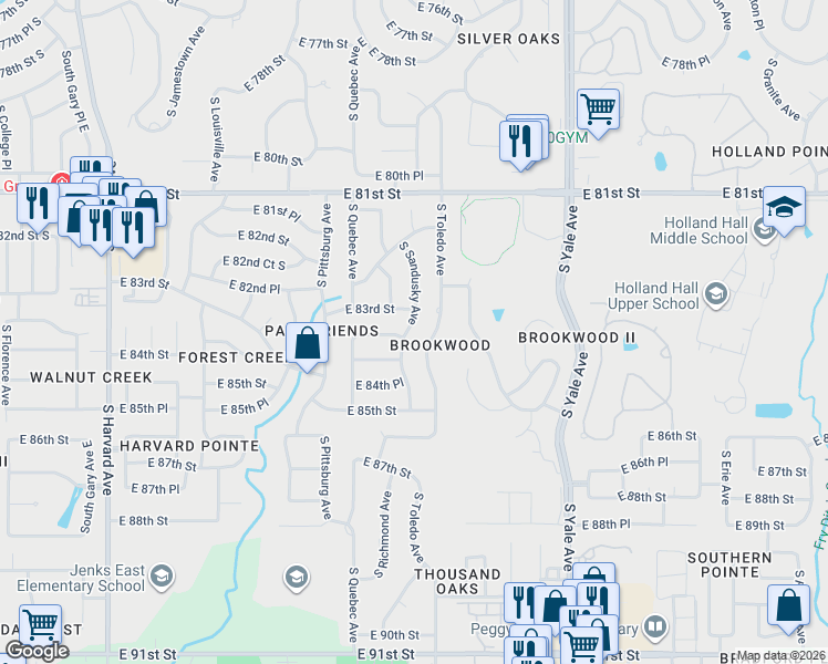 map of restaurants, bars, coffee shops, grocery stores, and more near 8321 South Sandusky Avenue in Tulsa