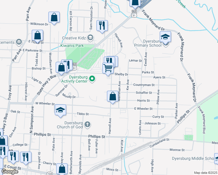 map of restaurants, bars, coffee shops, grocery stores, and more near 911 Harrell Avenue in Dyersburg