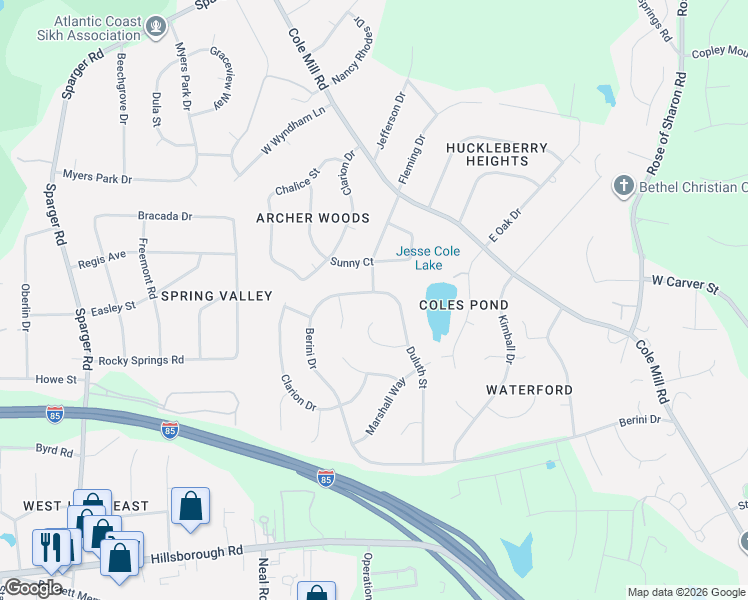 map of restaurants, bars, coffee shops, grocery stores, and more near 4812 Berini Drive in Durham