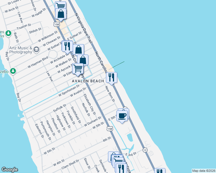 map of restaurants, bars, coffee shops, grocery stores, and more near 2047 New Bern Street in Kill Devil Hills