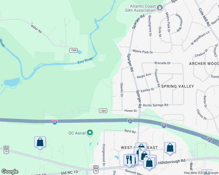 map of restaurants, bars, coffee shops, grocery stores, and more near 2705 Cedar Creek Drive in Durham