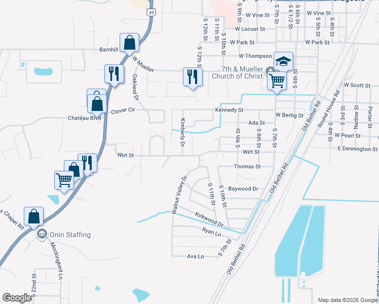 map of restaurants, bars, coffee shops, grocery stores, and more near 1417 Kimberly Drive in Paragould