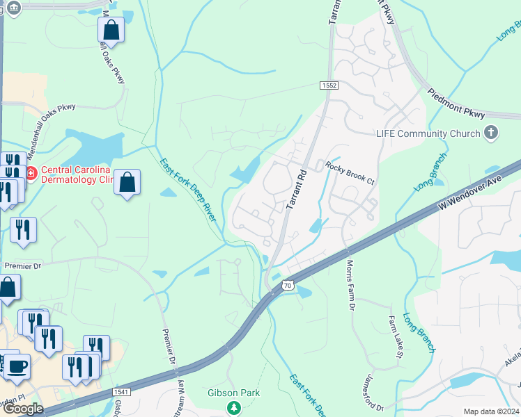 map of restaurants, bars, coffee shops, grocery stores, and more near 4033 Tarrant Trace Circle in High Point