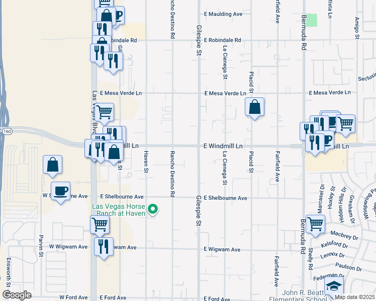 map of restaurants, bars, coffee shops, grocery stores, and more near 185 East Windmill Lane in Las Vegas