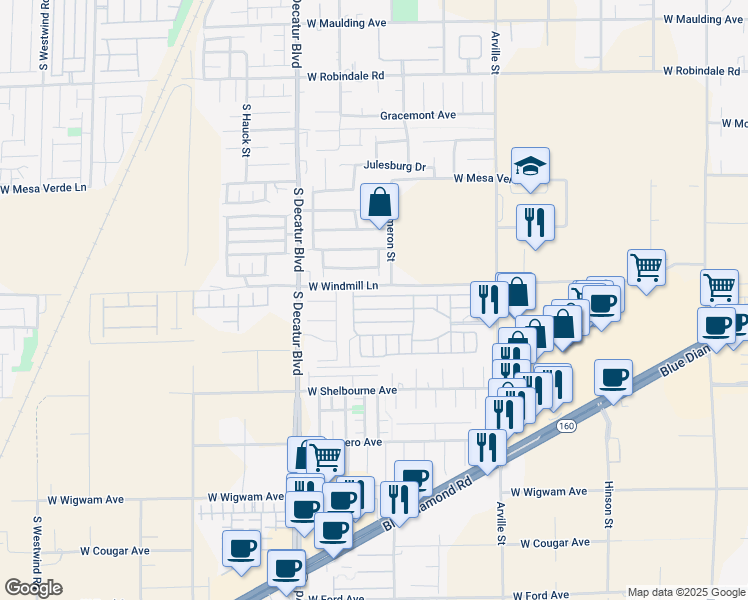 map of restaurants, bars, coffee shops, grocery stores, and more near 8175 Arville Street in Las Vegas