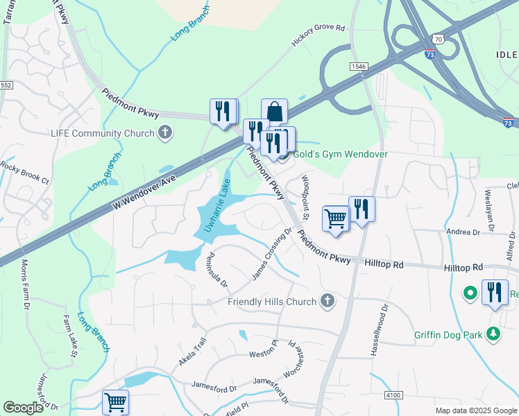 map of restaurants, bars, coffee shops, grocery stores, and more near 3119 Southhampton Drive in Jamestown